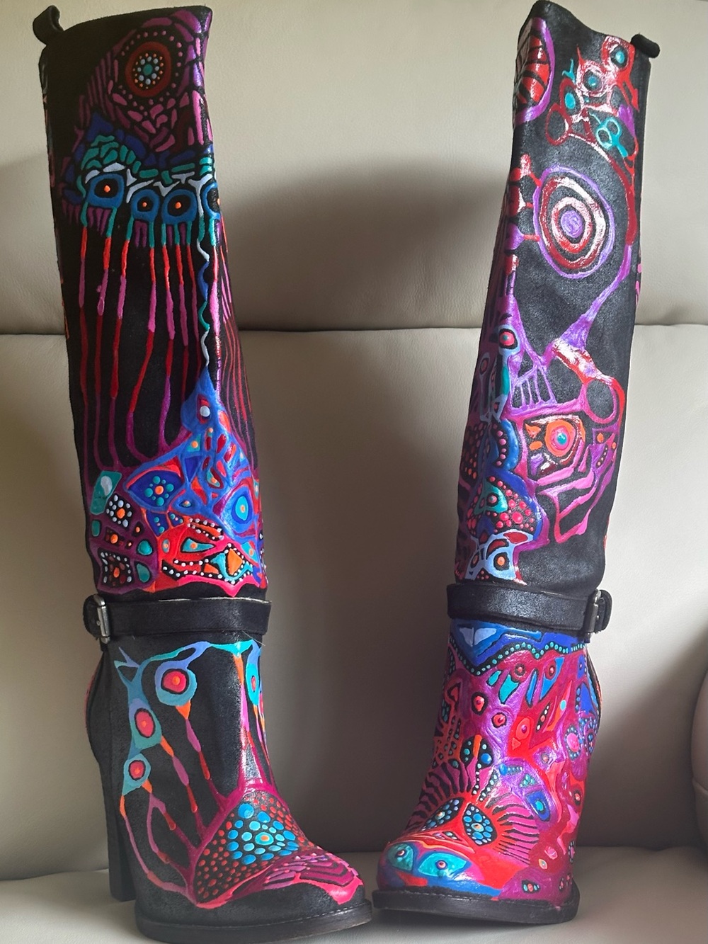 SIGERSON MORRISON Hand-Painted Black Knee-High Boots Vibrant Multicolor Sz 9B